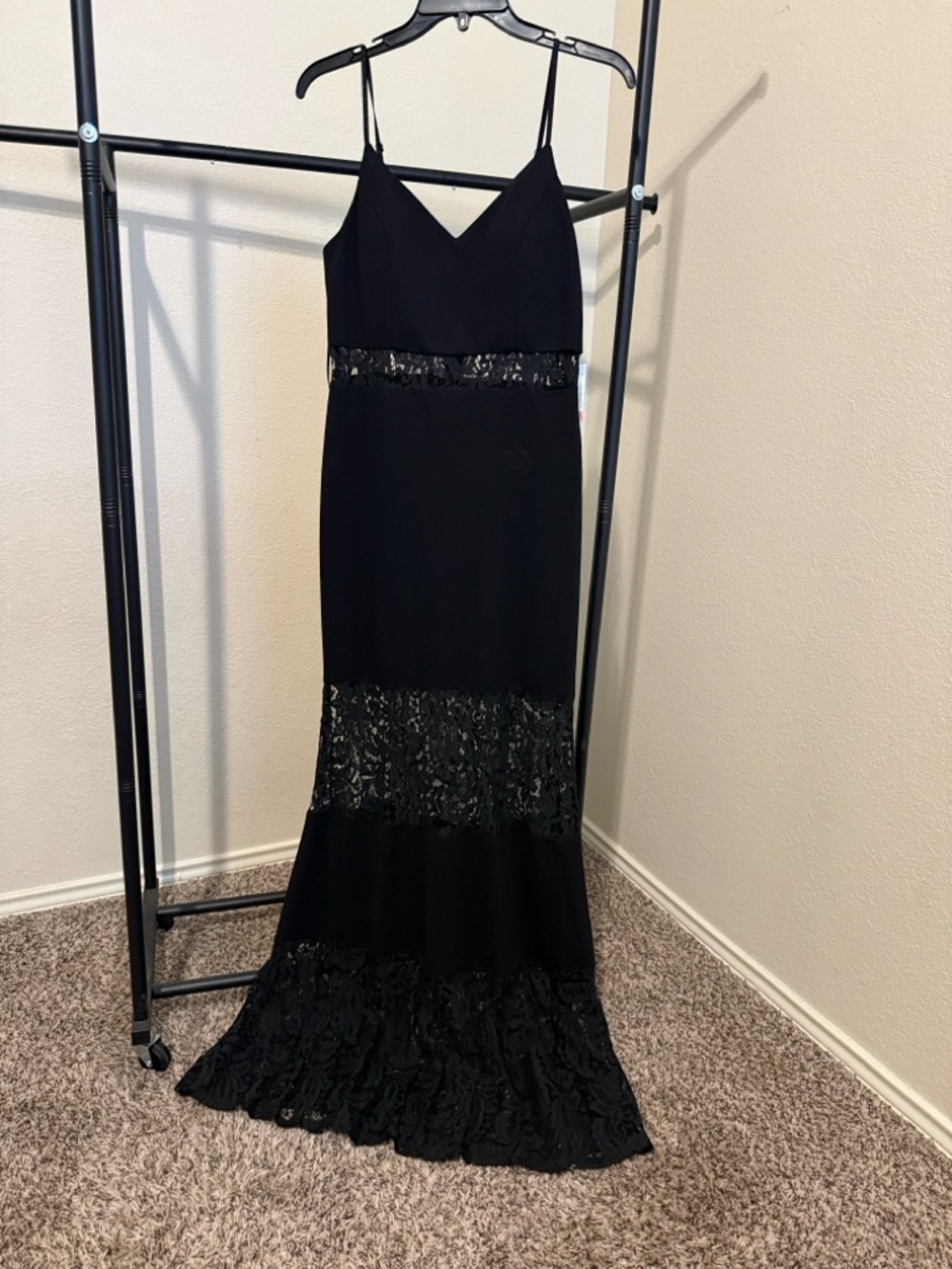 Black Lace-Panel Spaghetti Strap Maxi Dress